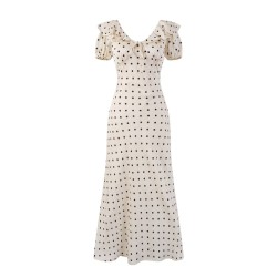 Yxaliorium Womens Retro Polka Dot Dress - Sweet V-Neck Puff Sleeve & Flounce Hem Vacation Dress