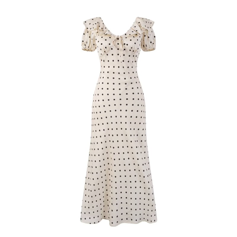 Yxaliorium Womens Retro Polka Dot Dress - Sweet V-Neck Puff Sleeve & Flounce Hem Vacation Dress