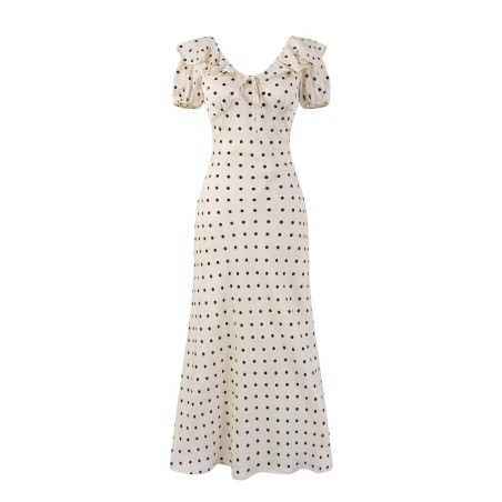 Yxaliorium Womens Retro Polka Dot Dress - Sweet V-Neck Puff Sleeve & Flounce Hem Vacation Dress