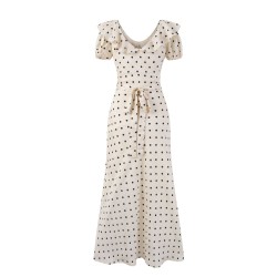 Yxaliorium Womens Retro Polka Dot Dress - Sweet V-Neck Puff Sleeve & Flounce Hem Vacation Dress