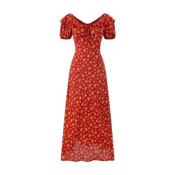Yxaliorium Womens Retro Polka Dot Dress - Sweet V-Neck Puff Sleeve & Flounce Hem Vacation Dress