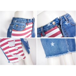 Yxaliorium Women Stars Stripe Ripped Jean Skirts Raw Hem Denim Knee Length Dress