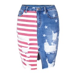 Yxaliorium Women Stars Stripe Ripped Jean Skirts Raw Hem Denim Knee Length Dress