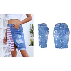 Yxaliorium Women Stars Stripe Ripped Jean Skirts Raw Hem Denim Knee Length Dress
