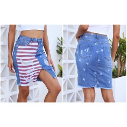 Yxaliorium Women Stars Stripe Ripped Jean Skirts Raw Hem Denim Knee Length Dress