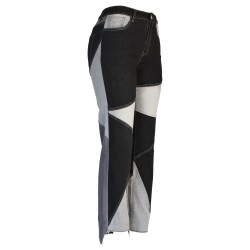 Yxaliorium Women Straight Leg High Waist Patch Jeans Pants Stretchy Black
