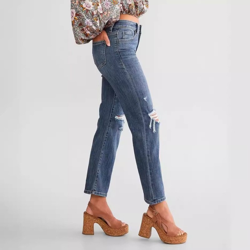Yxaliorium Women High Waisted Jeans Ripped Stretchy Pants Blue